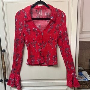 Free People Red Floral Button-Up Blouse